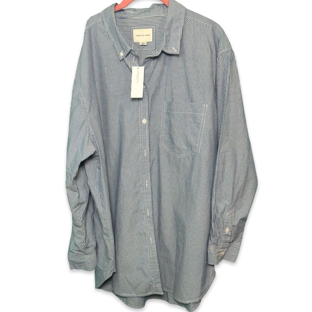 American Eagle NWT Blue White Striped Button Down Size L Oversized Boyfriend Fit